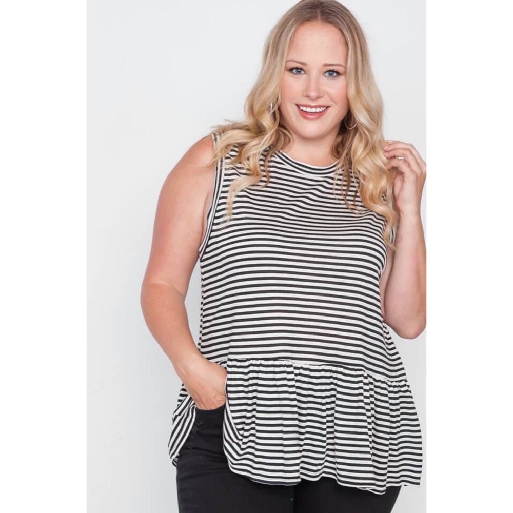 Ivory & Black Stripes Ruffle Detail Bottom Tank
